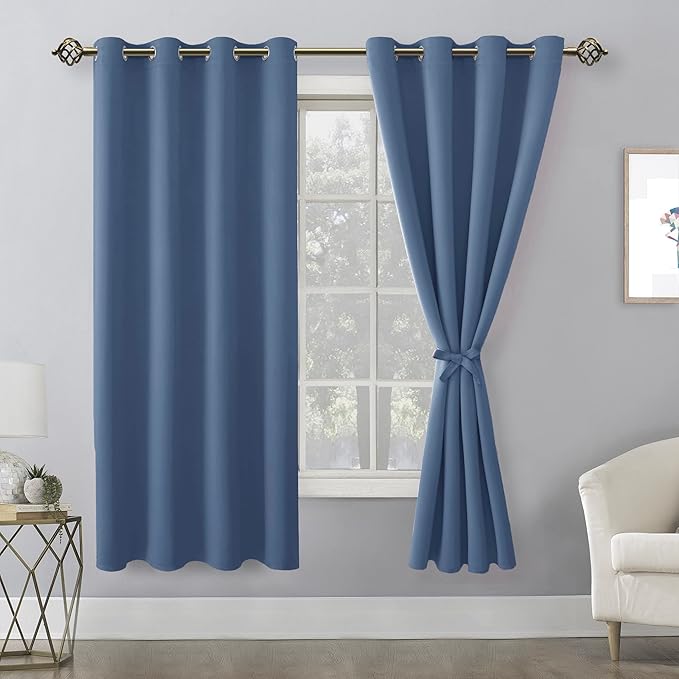 Hiasan Blackout Curtains for Bedroom, 52 x 63 Inches Length - Thermal Insulated & Light Blocking Window Curtains for Living Room/Kids Room, 2 Drape Panels Sewn with Tiebacks, Blue Haze - Image 2