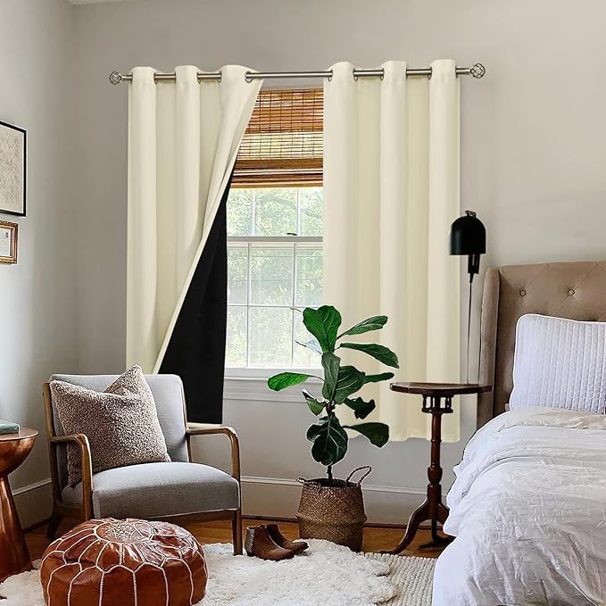 BGment Cream 100% Blackout Curtains for Bedroom 63 Inch Length 2 Panels Set, Thermal Insulated Full Light Blocking Grommet Noise Cancelling Window Curtains&Drapes with Black Liner, 42 Inch Wide Each - Image 2
