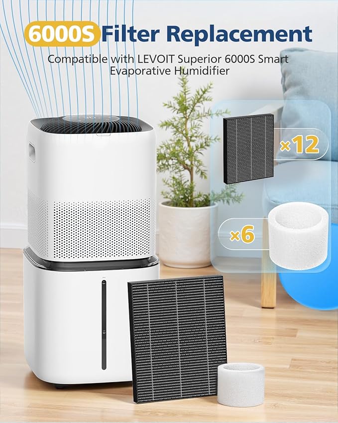 6000S Filter Replacement Compatible with LEVOIT Superior 6000S Smart Evaporative Humidifier, 12 Pack Wick Filters+ 6 Pack Top Fill Filters, Gray - Image 2