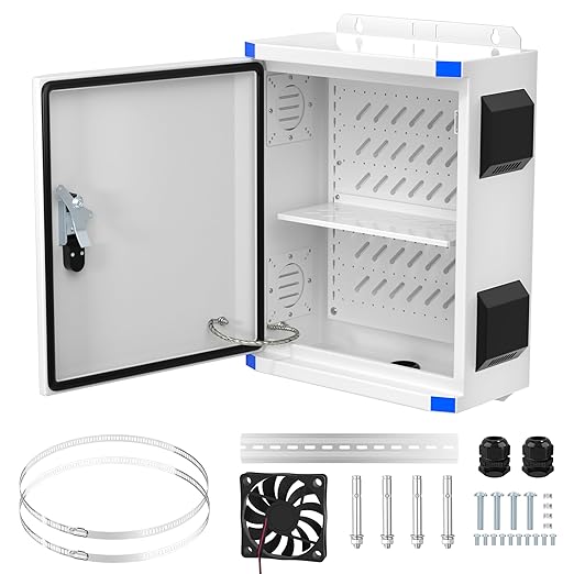 Joinfworld Outdoor Electrical Box 19.7"x15.7"x7.9" Metal Waterproof Vented Nema Enclosure with 12V Fan, Stainless Steel Junction Box with Cold Rolled Steel Plate Hinge Connection Din Rail by Joinfworld