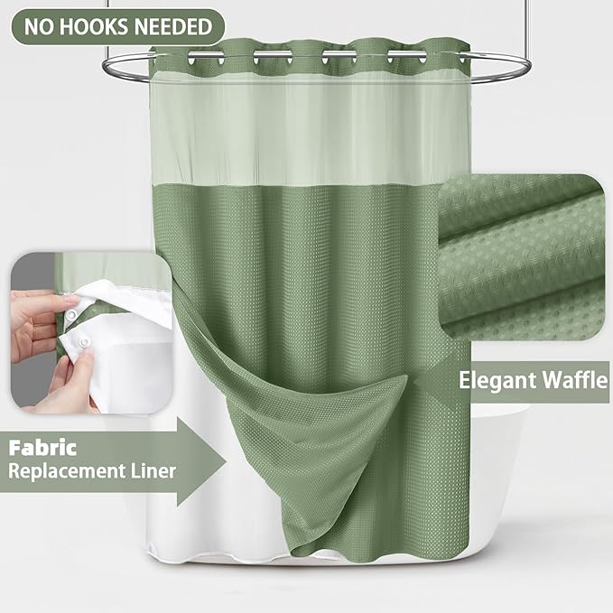 No Hook Shower Curtain and Liner Set,Hotel Waffle Shower Curtain with Liner 75" L x 72" W Green - Image 3