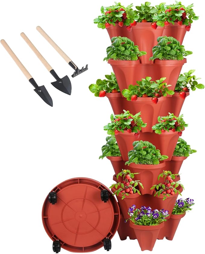 GameXcel Vertical Planter 7 Tier Stackable Planters Garden Planters Strawberry Herb Flower and Vegetable Planter Indoor Outdoor Gardening Pots with Removable Wheels and Tools by GameXcel