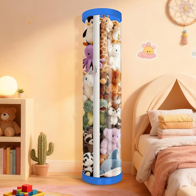 Upgraded Stuffed Animal Storage Tube, 47.24" Tall Stuff Animal Organizer with Double Zipper, PET Transparent Bucket, Space-Saving Animal Zoo Storage for Room (Blue) by Mocuba