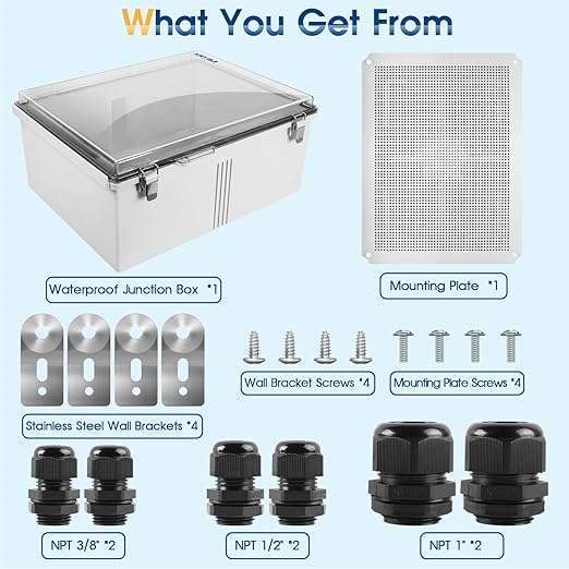 Waterproof Outdoor Project ABS Plastic Junction Box IP67 Weatherproof Dustproof Enclosure with Hinged Cover, Mounting Plate,Wall Brackets for Power Project (Clear,17.7"x13.8"x7.9") - Image 7
