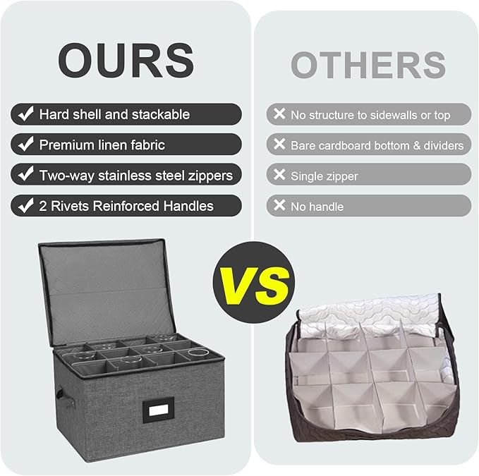 Mayniu Wine Glass Storage Box 2 Pack, Stemware Storage Containers Cases, Glassware Storage for 24 Crystal Glasses, Hard Shell Top Sides Bottom and Stackable (17'' x 13'' x 10'', Black) - Image 6