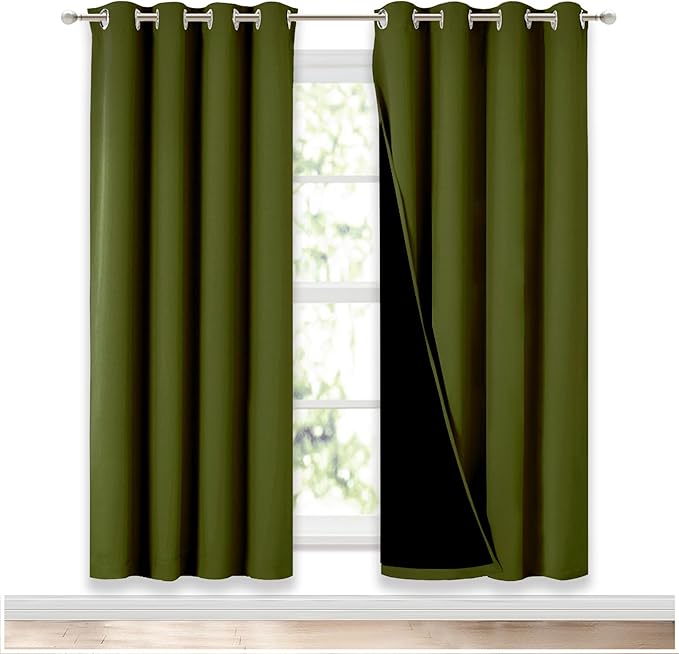 NICETOWN 100% Blackout Window Curtain Panels, Olive Green, 2 Pieces, 52-inch Wide Per Panel, Full Light Blocking Drapes with Black Liner for Nursery, 72-inch Drop Thermal Insulated Draperies by NICETOWN