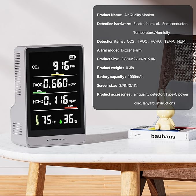 5-in-1 Professional Indoor Air Quality Monitor Indoor Portable CO2 Monitor | Temperature | Formaldehyde Detector | Humidity TVOC | Air Quality Tester - Confined Space Clean Air Monitor (Ink Grey) - Image 6