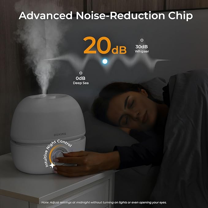 BOXING 3L Cool Mist Humidifier, Ultra Quiet 20dB for Bedroom, Baby & Office, Top Fill Air Humidifier for Home Office & Indoor Plants, 30H Runtime, Essential Oil Tray, Night Light, BPA-Free, White - Image 4