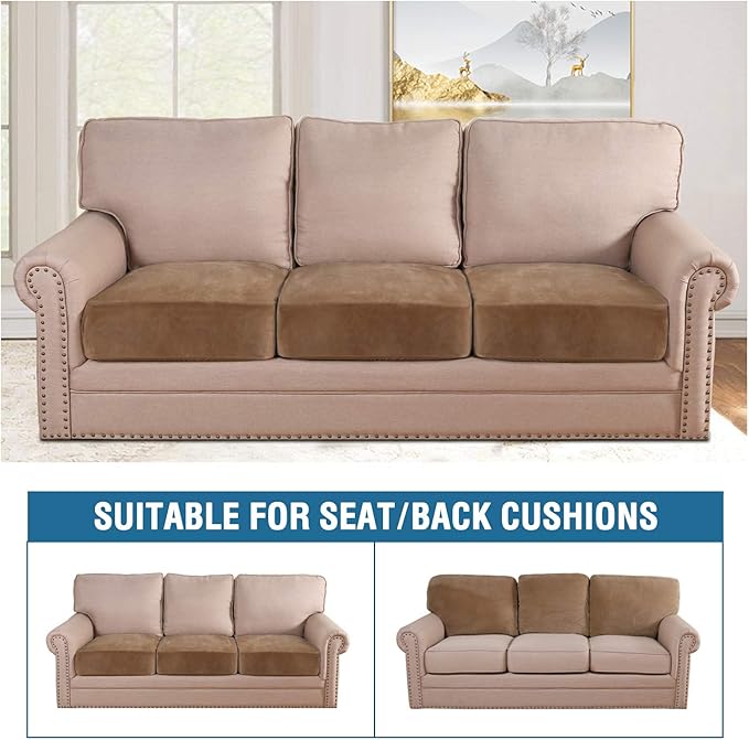 H.VERSAILTEX Velvet Stretch Couch Cushion Cover Plush Cushion Slipcover for Chair Loveseat Sofa Cushion Furniture Protector Seat Cushion Sofa Cover (3 Piece XL Sofa Cushion Covers, Camel) - Image 3