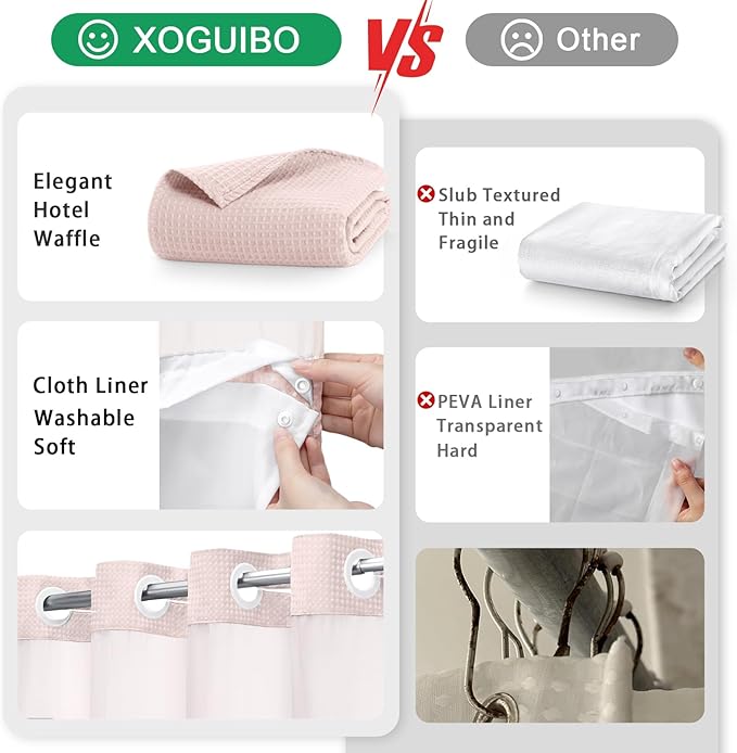 No Hook Shower Curtain and Liner Set,Blush Pink Hotel Waffle Shower Curtain with Liner 75" L x 72" W - Image 5