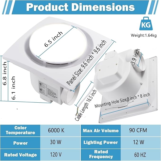 Nalle Ventilation Fans Bathroom Exhaust Fan with Light 9.6 inch Panel 6000K 12W Round LED 90 CFM 1.0 Sones 4 Inch Duct,110V Ceiling Mount Exhaust Fan for Shower,Bathroom,Office,Home(YFL-200) - Image 3