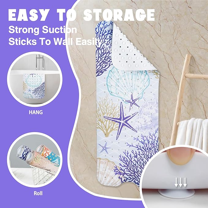 Ocean Bathtub Mat Non Slip, Cute Baby Bath Mat for Tub Rubber Tub Mat, Coral Seashells Toddler Kids Bath Mats for Bathroom Anti Slip Shower Mat with Suction and Drain Holes Machine Washable, 40″x16″ - Image 6