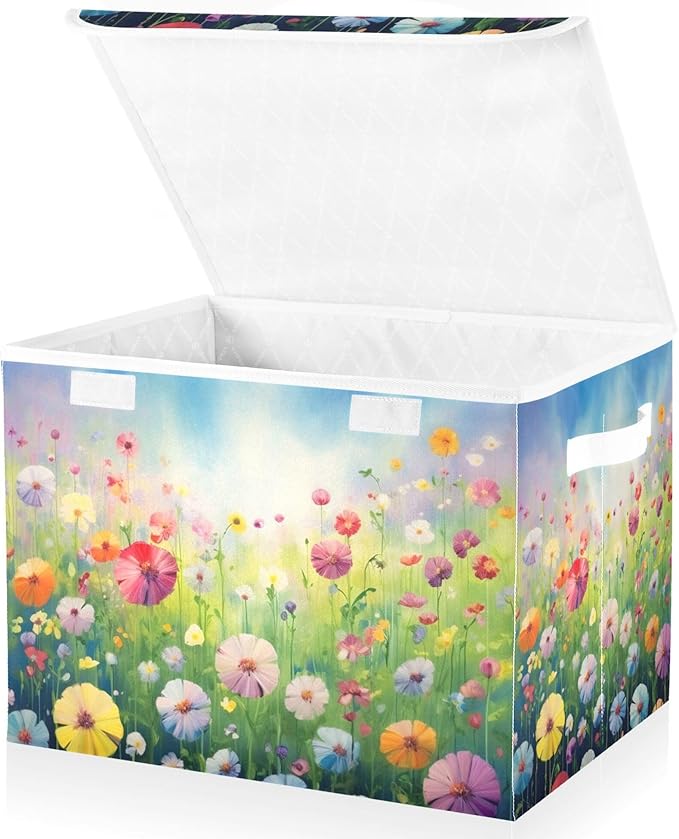 xigua Colorful Flowers Storage Bins with Lids and Carrying Handle,Foldable Storage Boxes Organizer Containers Baskets Cube with Cover for Home Bedroom Closet Office - Image 2