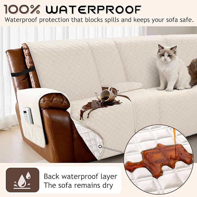 Arfntevss Waterproof Recliner Sectional Couch Covers for Reclining L Shape Sofa Cover Non Slip Washable L Shaped Slipcover Sets for Dog Furniture Protector (5 Seat with 2 Console Cover, Beige) - Image 2