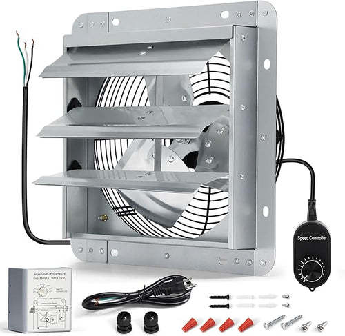 12 Inch Shutter Exhaust Fan, Wall Mount Attic Fan with Thermostat and Speed Controller for Greenhouses, Sheds, Garages, Chicken Coops, Barns Ventilation, 970 CFM by Hipoilk