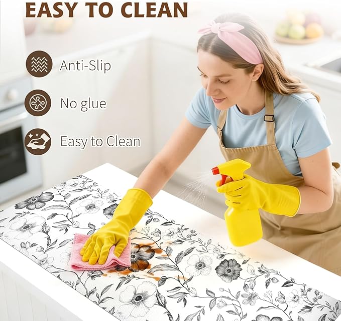 Drawer and Shelf Liner Black Flowers 12in x 20FT, Non Adhesive Anti-Slip Double Layer PVC Reusable Thickened Waterproof Easy Clean for Kitchen Cabinets Refrigerator with Knife Tape Measure - Image 4