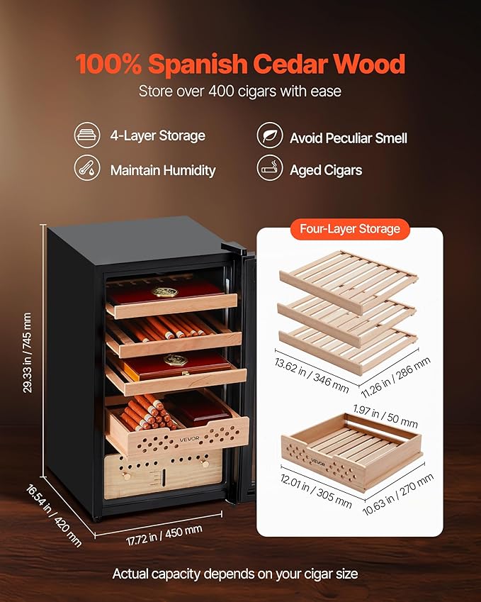 VEVOR Electric Humidor, 70L, 400 Counts Electric Cigar Humidor Cabinet with Compressor Cooling, Constant Humidity & Temperature Control, Spanish Cedar Wood Shelves & Drawers, 4 Layers, for Household - Image 4