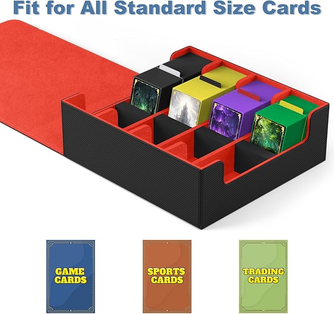 Mlikero Card Deck Case, 2400+ Trading Card Storage Box with 10 Colorful Dividers and 4 Foam Stoppers, Leather Magnetic Closure Commander Deck Box Fit for MTG, TCG (4 Rows, Black&Red) - Image 6