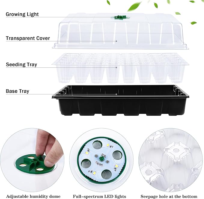 3 Pack Seed Starter Tray Kit with Grow Light Germination Trays with Humidity Dome, 120 Peat Pellets, Gardening Tools, Plant Labels, Plant Growing Trays for Seeds Growing Starting, Black - Image 4