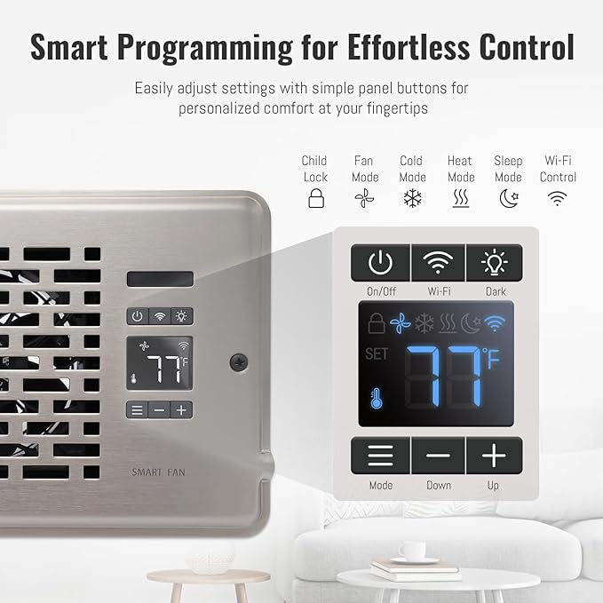 Register Booster Fan for 4" x 12" Register Holes, Quiet Vent Fan Booster with Intelligent Thermostat, Improves Heating Cooling, App Control, 10-Speeds, Manhattan Smart Register Vent, SN - Image 8