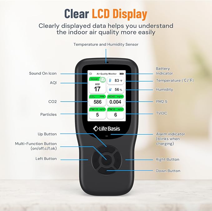 LifeBasis Air Quality Monitor Indoor, 11-in-1 Air Quality Detector with Stand, Real-Time Air Meter Test AQI, PM1.0, PM2.5, PM10, CO2, TVOC, HCHO, Particles, Temperature and Humidity, Dual Alert -Black - Image 6
