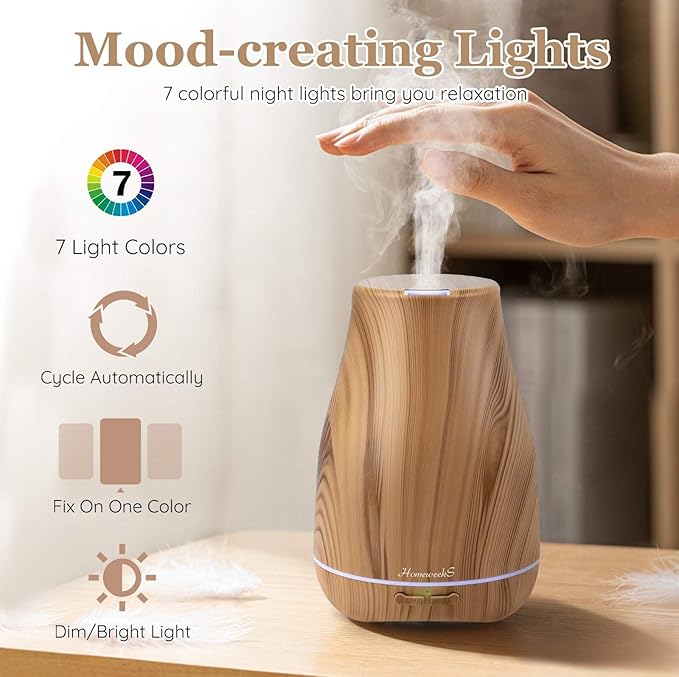 Aromatherapy Essential Oil Diffuser for Room: 100ml Air Humidifier Aroma Scent Cool Mist Diffusers Colorful Light Cute Mini Small Waterless Auto Off Ultrasonic for Home Bedroom (Yellow Wood Grain) - Image 4