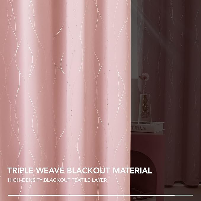 Deconovo Pink Blackout Curtains for Bedroom, Thermal Insulated Soundproof Pravicy Curtain, Silver Wave Dots Print, 52 x 108 Inch Long, Machine Washable Window Panels for Kids Room Nursery, Set of 2 - Image 7