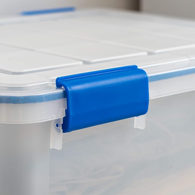 IRIS USA WeatherPro 27 & 44 Qt Storage Bins with Lids, 4 Pack, BPA-Free Plastic Gasket Box with Tight Latch and Seal, Stackable Nestable Tote Tub - Clear/Blue - Image 6
