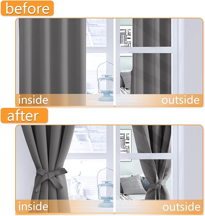 Hiasan Blackout Curtains for Bedroom - Thermal Insulated & Light Blocking Window Curtains for Living Room, 2 Drape Panels Sewn with Tiebacks, Light Grey, 38 x 54 Inch - Image 5