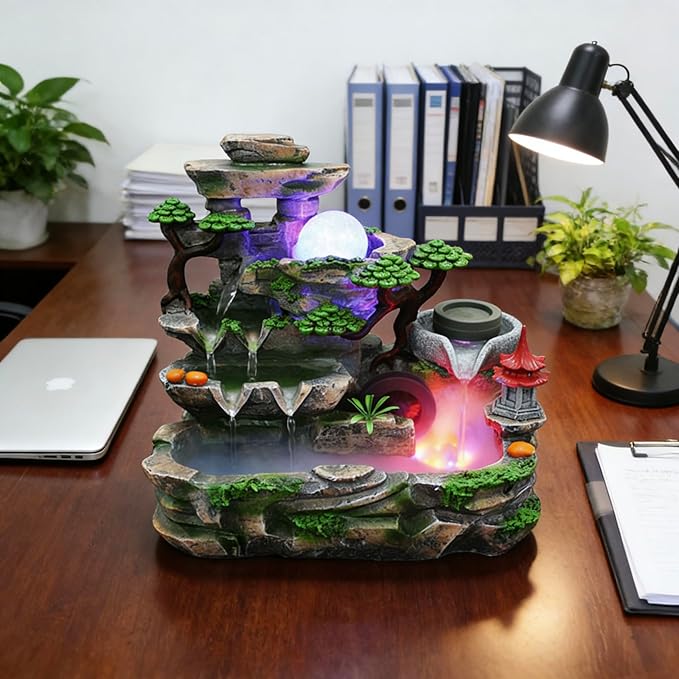 Creative Tabletop Water Fountain with LED Light & Atomizer, Indoor Waterfall Home Decor Best Festival Birthday Gift for/Boys, 10Inch Desktop Small Mini Size, Stream Rock Cavern Falls Bonsai - Image 2
