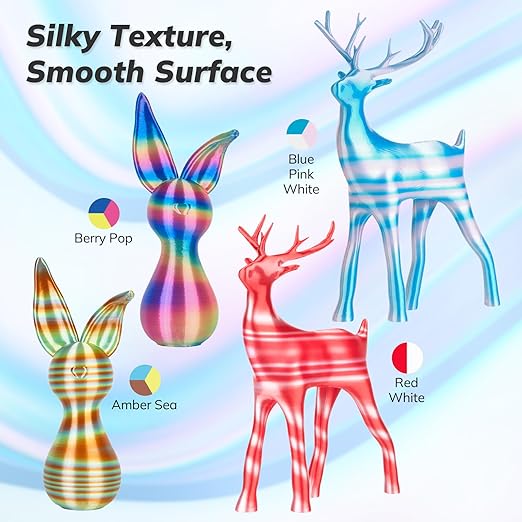 AMOLEN Silk 3D Printer Filament PLA Bundle, Shiny Multicolor Rainbow Filament Pack, Fast Color Change PLA 1.75mm 3D Printing Filament for Most FDM 3D Printer, 200g X 4 Spools - Image 2
