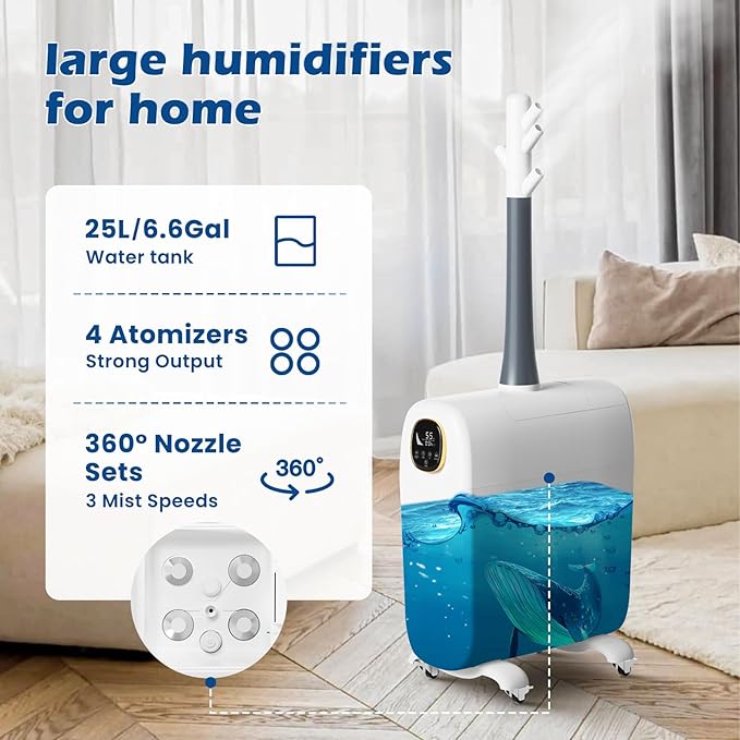 Humidifier Large Room,6.6Gal/25L Whole House Humidifiers for Bedroom Home 3000sq.ft, Commercial and Industrial Humidifiers with 360° Nozzle Tube,Top Fill/Smart Humidity/Timer,Nursery,Plants - Image 3