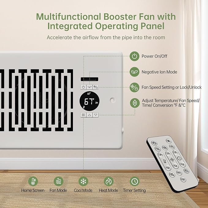 Register Booster Fan Fits 4” x 10” Register Holes, Smart Control Heating Cooling AC Vent Fan, 10-Speed Quiet Register Vent Booster Fans with Thermostat Control & Remote Control - Image 5