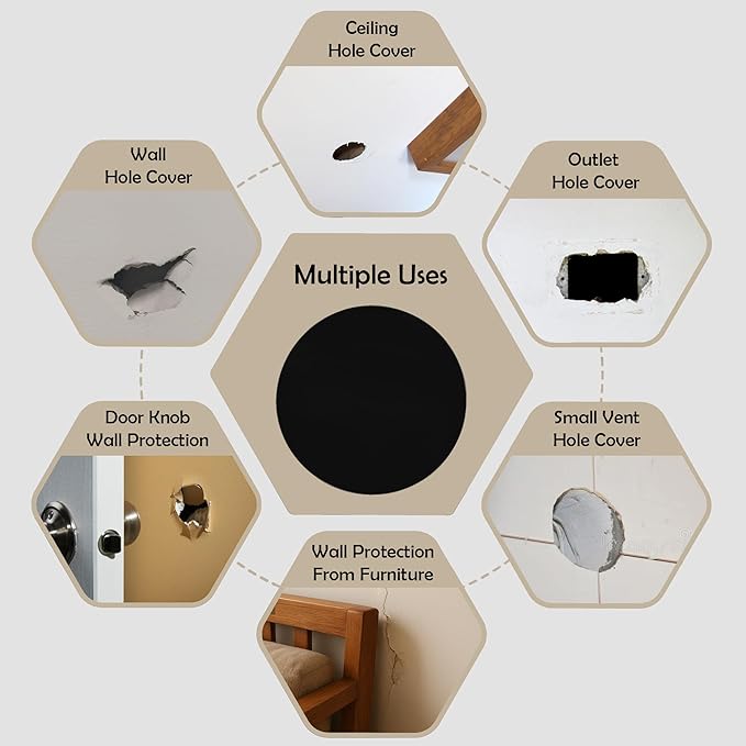 Rubber Bond Self-Adhesive Rubber Wall Outlet Cover Plate 2 Pack - Easy to Apply Peel & Stick Drywall Hole Patch - 7 Inch Round Screwless Blank Wall Plate Cover - Premium Rubber Wall Hole Cover (Black) - Image 4