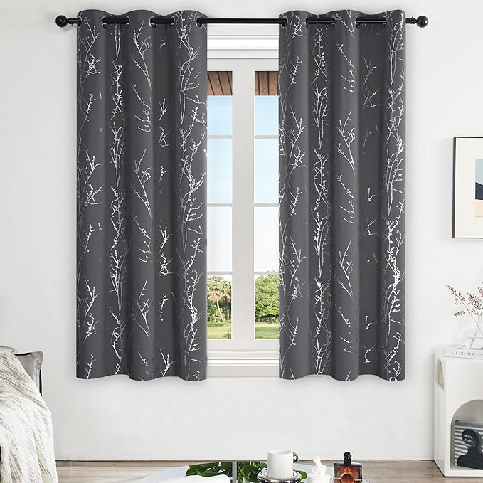 Deconovo Blackout Curtains Grey, Thermal Insulated Soundproof Drapes, Silver Branch Foil Print, 42 x 63 Inch, 2 Panels, Machine‑Washable Privacy Window Panel for Living Room Bedroom Nursery Office - Image 2