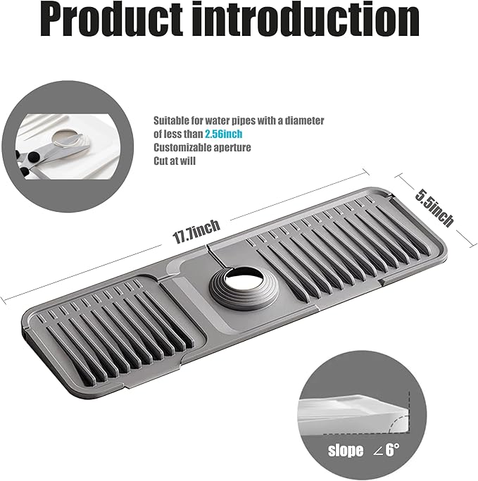 STARGAZ Silicone Faucet Mat for Kitchen Sink,Faucet Draining Mat,Sink Back Splash Guard,Kitchen Rubber Mat,Bathroom Sink Faucet Mat,Soap Dish,Silicone Sink Protector(Grey,17.7”×5.5”) - Image 2