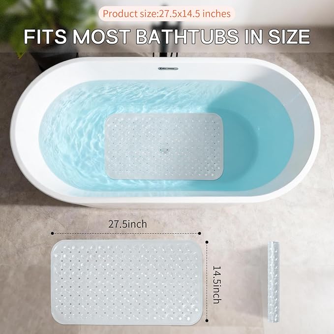 Anti-Slip Bathtub Shower mat, 27.5×14.5（Approximately 70×37cm） inch Soft Oversized Machine Washable Non-Slip Bathtub mat with Drainage Holes, Bathroom Floor Suction Cup.（1-Clear White） - Image 3
