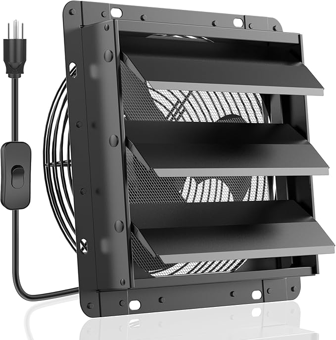 HG Power 10 Inch Shutter Exhaust Fan, 647CFM Quiet Garage Exhaust Fan with 8 Foot Long ON/OFF Switch Cable for Chicken Coop, Shed, Basement, Gable, Kitchen, Attic Ventilation Use, Black by HGPOWER