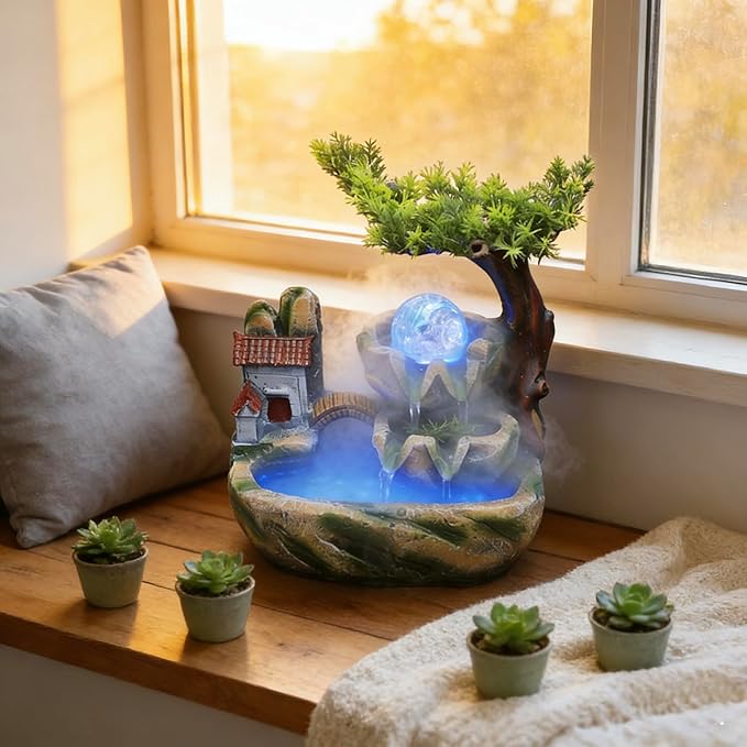 Small Bonsai Humidifier Mini Tabletop Waterfall Fountain with LED Color Night Light and Atomizer, Desktop Water Fountains Indoor Home Decor or Festival Birthday Gift for Girls Boys, 10 Inch - Image 2