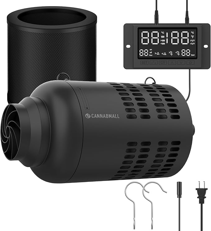 4 Inch Inline Duct Fan with EC Motor and Built-in Carbon Filter, Duct Fan Kit with Temperature Humidity Controller, Grow Tent Kits Ventilation System with Carbon Filter Combo by CANNABMALL