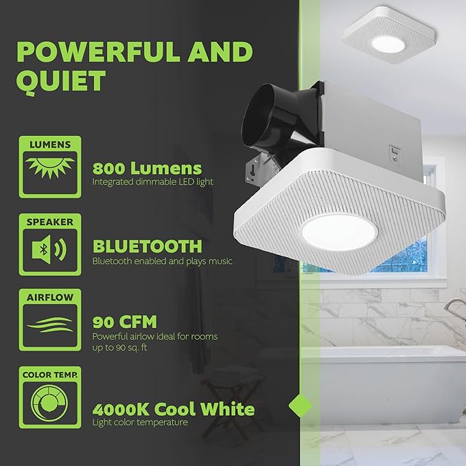 Homewerks 7130-40-BT DC Bathroom Fan with Light and Bluetooth Speaker 90-CFM 1.2 Sones White Easy Install, 4000 Kelvin Cool White Light - Image 3