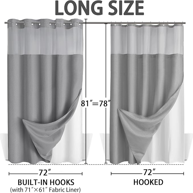 No Hook Shower Curtain and Liner Set,Grey Hotel Waffle Shower Curtain with Liner 81" L x 72" W - Image 6