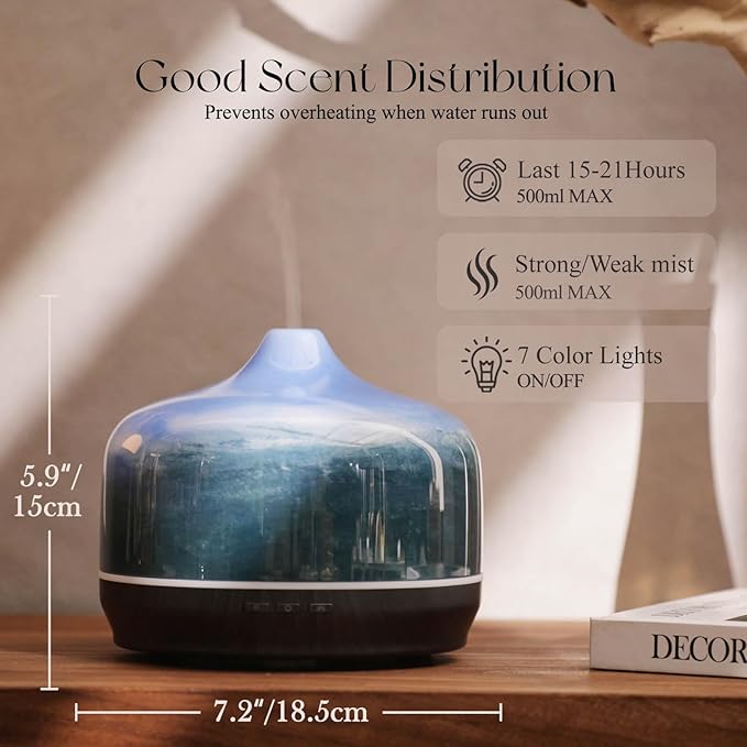 Porseme 500ml Glass Essential Oil Diffuser Aromatherapy Ultrasonic Cool Mist Humidifier 15-21 Running Hours Waterless Auto-Off Air Diffusers for Sleeping Yoga Office Working Spa and Rest (Dreamy Blue) - Image 3