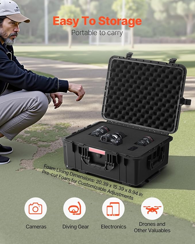 VEVOR Weatherproof Hard Case, Heavy Duty Protective Dry Box with Pre-Cut Foam, Wheels & Retractable Pull Handles for Travel, Hunt, Military, Tactical, IP67 Waterproof Case for Cameras(57x45x28) - Image 3