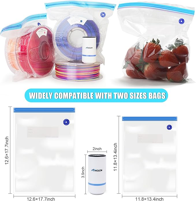 AMOLEN 28PCS Filament Storage Bags Vacuum Kit, Cleaning Drying Sealed 16 Bags with Two Sizes for 3D Printer Filament with Automatic Pumps/Desiccants/Clips - Image 5