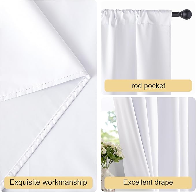 NICETOWN Bedroom 100% Blackout Curtains, 2 Panels, 34 by 63, Snow White, Window Treatment Rod Pocket Curtains/Drapes for Bedroom - Image 5