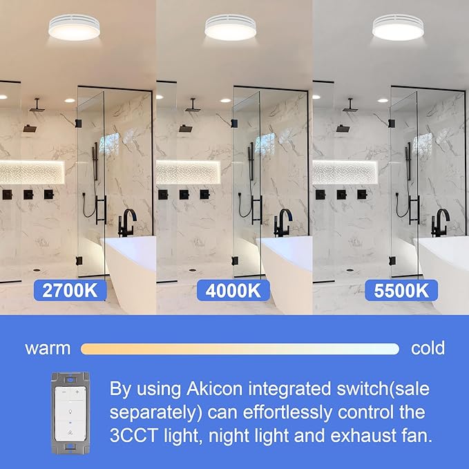 Akicon Bathroom Exhaust Fan with Light, 110CFM, 2.0 Sones for Ceiling, 1000lm Dimmable LED Light and 150lm Nightlight Dual Color Bathroom Vent Fan for Home, Round, White - Image 3