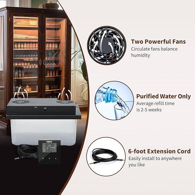 Briidea Electric Humidifiers for Cabinet (10-50 Cubic Ft.), 30% RH~80% RH Humidity Setting Values, Perfect Monitoring Temperature and Humidity, 12V Adapter Power Supply - Image 5