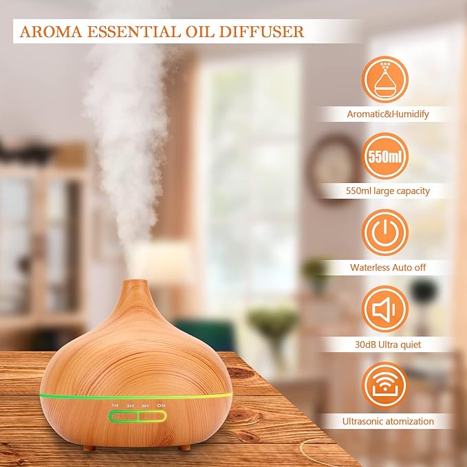 550 ML Aroma Diffiser with Essential Oils Set, Essential Oil Diffuser with Remote, Ultrasonic Technology Aromatherapy Diffusers Auto Shut-Off for Office, Home - Image 3