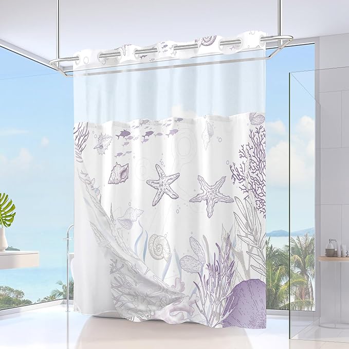No Hook Shower Curtain with Snap in Liner, Beach Ocean Nautical Coastal Shower Curtains and Liner Set for Bathroom, Seashell Hotel Fabric Bath Curtain, Waterproof Washable, Purple 71" x 74" - Image 2